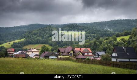 Idyllischer Blick auf ein malerisches Dorf in Südpolen, umgeben von üppigen grünen Hügeln und Wäldern unter bewölktem Himmel. Stockfoto