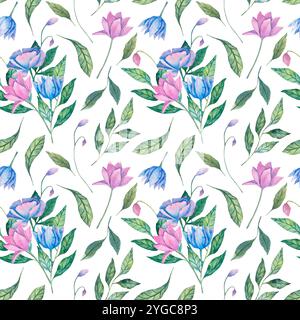 Elegantes, nahtloses Aquarellmuster mit handgezeichneten rosa, blauen und lila Blumen, grünen Blättern. Ideal für Hochzeitseinladungen, Textilien, Tapeten und Stockfoto