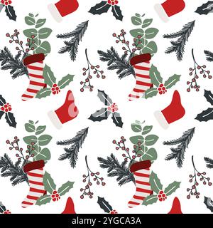 Nahtloses Weihnachtsmuster mit handgezeichneten Vektor-Weihnachtsstrümpfen, Weihnachtsmützen, stechpalme, Kiefernzweige und Beeren. Perfekt für festliches Geschenkpapier Stock Vektor