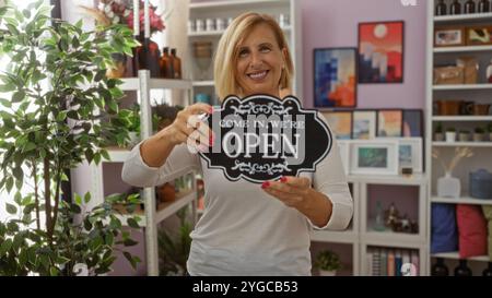 Lächelnde Frau mit einem offenen Schild in einem wunderschön dekorierten Geschäft mit Kunst, Pflanzen und Wohnaccessoires. Stockfoto