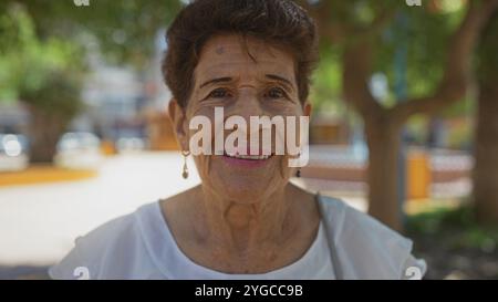 Eine ältere hispanische Frau mit kurzen Haaren und einem fröhlichen Ausdruck genießt einen sonnigen Tag in einem Stadtpark mit Bäumen und verschwommenem Stadtbild im Hintergrund Stockfoto