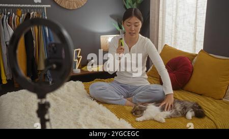 Eine junge asiatische Frau kämmt ihre Katze auf einem Bett in einem gemütlichen Schlafzimmer, während sie sich mit einem Telefon und Klingellicht aufnimmt. Stockfoto