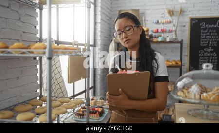 Frau, die in einer Bäckerei arbeitet und Notizen auf einem Klemmbrett macht, inmitten einer Inneneinrichtung mit Gebäckregalen und einem Tafel-Menü im Hintergrund Stockfoto