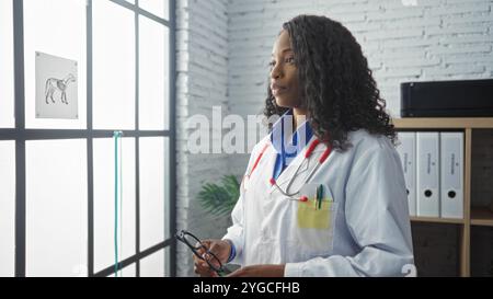 Junge afroamerikanische Tierärztin in einem Klinikarbeitsplatz, mit Brille und weißem Mantel mit Stethoskop, in der Nähe eines Fensters Stockfoto