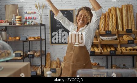 Glückliche Frau, die in einer Bäckerei, umgeben von Regalen, die mit verschiedenen Brotsorten und Gebäck gefüllt sind, feiert Stockfoto