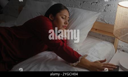 Frau, die im Bett aufwacht und den Wecker in einem gemütlichen Schlafzimmer ausschaltet Stockfoto