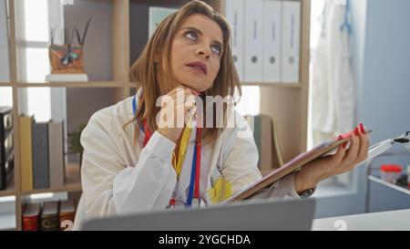 Attraktive junge blonde Frau in einer Klinik, die einen weißen Labormantel trägt, ein Klemmbrett hält und nachdenklich erscheint, mit medizinischen Akten und anatomischen M Stockfoto