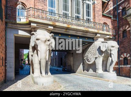 Zwei große Granit-Elefanten-Statuen des Elefanten-Tores, fertiggestellt 1901, um den Eingang zur Carlsberg-Brauerei in Kopenhagen zu markieren. Stockfoto