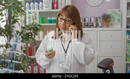 Eine spanischsprachige Apothekerin mittleren Alters untersucht eine Medikamentenflasche, während sie in einem gut organisierten Apothekeninnenraum telefoniert. Stockfoto