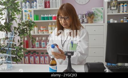 Eine spanischsprachige Apothekerin mittleren Alters untersucht eine Flasche in einer gut sortierten Apotheke mit verschiedenen Produkten um sie herum. Stockfoto