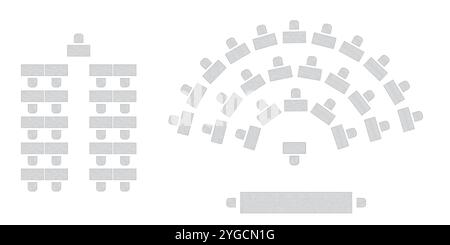 Sitzplan für Hochzeiten. Konferenz Bankett Seminarraum Inneneinrichtung, Konferenzsaal und Seminarraum Inneneinrichtung. Vektor-Draufsicht von Stock Vektor