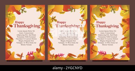 Kreative Thanksgiving-Karte mit abstraktem flüssigem Hintergrund und Blättern. Druckgrößensatz für das Konzept der Vorlage für die Geschenkkarte. Flüssiger abstrakter Hintergrund Stock Vektor
