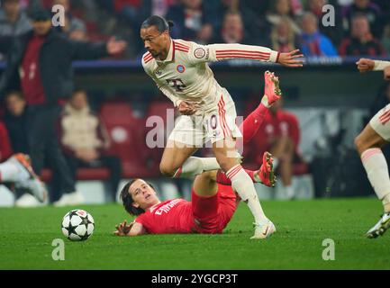 Leroy SANE, FCB 10 wetteifern um den Ball, Tackling, Duell, Header, zweikampf, Action, Kampf gegen Alvaro Carreras, Liss 3 im Gruppenligaspiel FC BAYERN MÜNCHEN - SL BENFICA LISSABON 1-0 Fußball UEFA Champions League in der Saison 2024/2025 in München, 06. November 2024, FCB, 4. Spieltag, München Fotograf: Peter Schatz Stockfoto