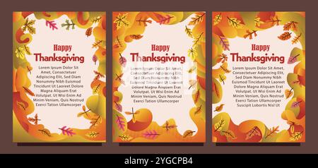 Kreative Thanksgiving-Karte mit abstraktem flüssigem Hintergrund und Blättern. Druckgrößensatz für das Konzept der Vorlage für die Geschenkkarte. Flüssiger abstrakter Hintergrund Stock Vektor