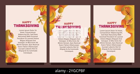 Kreative Thanksgiving-Karte mit abstraktem flüssigem Hintergrund und Blättern. Druckgrößensatz für das Konzept der Vorlage für die Geschenkkarte. Flüssiger abstrakter Hintergrund Stock Vektor