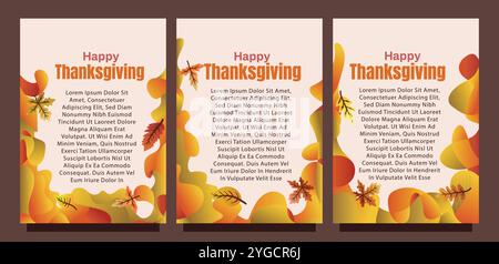 Kreative Thanksgiving-Karte mit abstraktem flüssigem Hintergrund und Blättern. Druckgrößensatz für das Konzept der Vorlage für die Geschenkkarte. Flüssiger abstrakter Hintergrund Stock Vektor