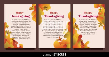 Kreative Thanksgiving-Karte mit abstraktem flüssigem Hintergrund und Blättern. Druckgrößensatz für das Konzept der Vorlage für die Geschenkkarte. Flüssiger abstrakter Hintergrund Stock Vektor