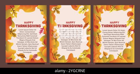 Kreative Thanksgiving-Karte mit abstraktem flüssigem Hintergrund und Blättern. Druckgrößensatz für das Konzept der Vorlage für die Geschenkkarte. Flüssiger abstrakter Hintergrund Stock Vektor