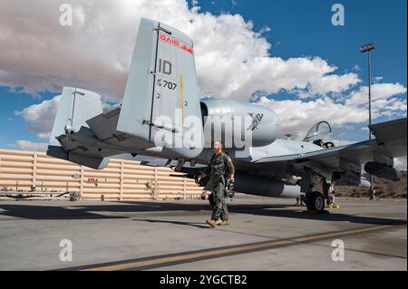 Lt. Col. John Meyers, der dem 124. Jagdflugzeug in Boise, Idaho zugeteilt ist, führt eine Vorfluginspektion an einer A-10 Thunderbolt II für eine Green Flag-West durch Stockfoto