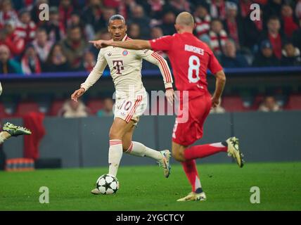 München, Deutschland. November 2024. Leroy SANE, FCB 10 wetteifern um den Ball, Tackling, Duell, Header, zweikampf, Action, Kampf gegen Fredrik Aursnes, LISS 8 im Gruppenligaspiel FC BAYERN MÜNCHEN - SL BENFICA LISSABON 1-0 Fußball UEFA Champions League in der Saison 2024/2025 in München, 06. November 2024, FCB, 4. Spieltag, München Fotograf: ddp Images/STAR-Images Credit: ddp Media GmbH/Alamy Live News Stockfoto