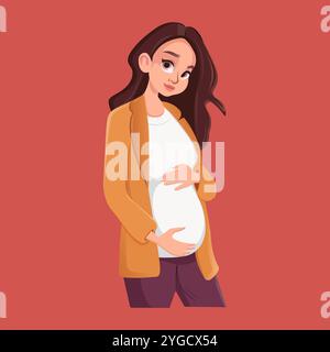 Schwangere Mädchen hält ihren Bauch. Glückliche junge Frau, die ein Baby erwartet. Vektorillustration im Cartoon-Stil. Stock Vektor