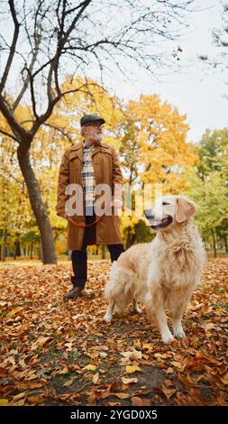 Der Hund lächelt, als er mit seinem älteren Besitzer spaziert, der Mann kleidete stilvolle Retro-Kleidung durch den Herbstpark voller goldener, gefallener Blätter Stockfoto