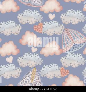 Boho Butterfly nahtloses Muster mit Wolken und Sternen auf dem regenblauen Hintergrund. Handgezeichnetes Aquarell charmante himmlische Illustration in weich Stockfoto