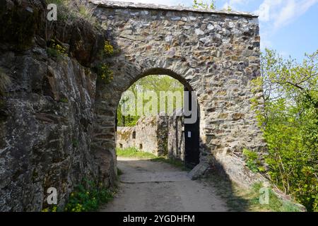 Die Ruinen einer alten mittelalterlichen Burg in der Tschechischen Republik. Umgeben von Grün und zerklüfteten Landschaften, verfügt die historische Stätte über Steinmauern. Stockfoto