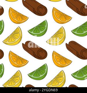 Zitronen- und Limettenscheiben, Zimtstab Zitrusfrucht Pop Art nahtloses Muster. Idee der Hintergrundtextur. Isolierte Vektor-Illustration Verpackung oder Web, Poster, Banner, Broschüren, Karten, Preisschild, Etikett Stock Vektor