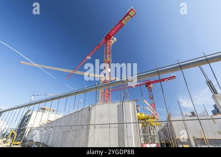 Große Baustelle mit Bauzaun und Kranen Stockfoto