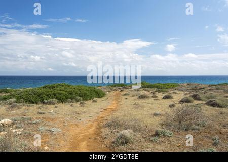 Fußweg zum Meer durch Dünenlandschaft auf dem Insel Sizilien in Italien Stockfoto