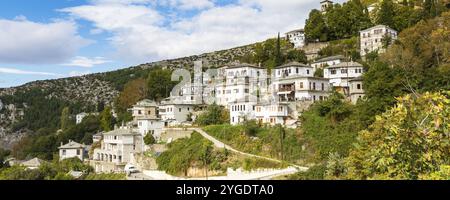 Luftstraße und Blick auf die Häuser im Dorf Makrinitsa in Pelion, Griechenland, Europa Stockfoto