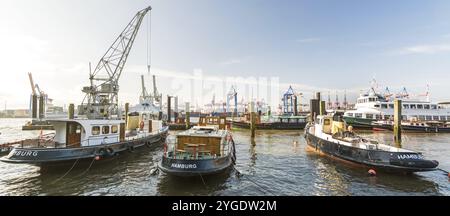 Historische Boote und Hafenkrane im Museumshafen in Hamburg Oevelgoenne bei Morgensonne Stockfoto