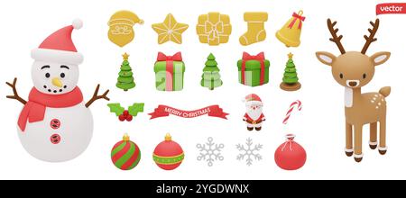 3D-Vektor-Weihnachtselemente für Design. Set mit Weihnachtsmann, Hirsch, Schneemann, dekoriertem Weihnachtsbaum, Geschenkbox, Lebkuchenkekse. 3D-Kunststoff c Stock Vektor