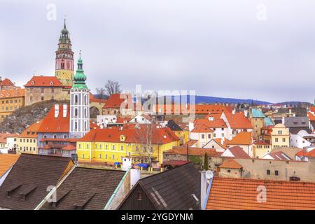 Cesky Krumlov, historisches Zentrum aus der Vogelperspektive, Tschechische Republik, Europa Stockfoto