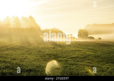 Wunderschöner Sonnenaufgang in ländlicher Landschaft mit Sonnenstrahlen, die durch den Morgennebel strahlen Stockfoto