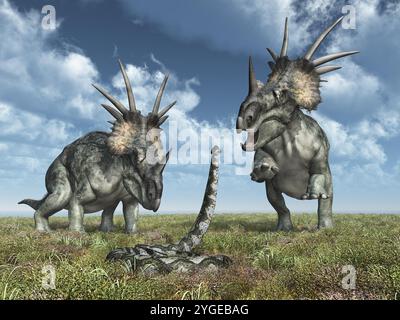 Dinosaurier Styracosaurus und Riesenschlange Titanoboa Stockfoto