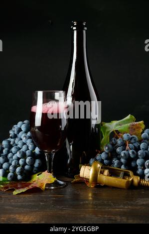 Flasche und Glas Lambrusco Rotwein mit Traubensträuben aus nächster Nähe Stockfoto