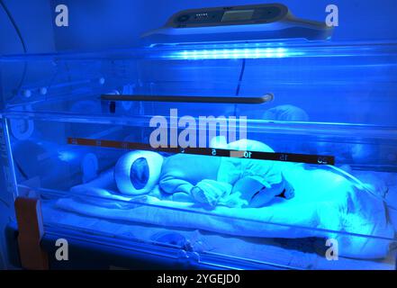 SYMBOL - 22. August 2024, Sachsen-Anhalt, Halle (Saale): Ein Frühgeborenes liegt in einem warmen Bett unter Blaulichttherapie in der Klinik für Neonatologie und Pädiatrische Intensivmedizin der St. Elisabeth und St. Barbara, wo es intensiv betreut und medizinisch unterstützt wird. Die Klinik betreut extrem kleine Frühgeborene mit einem Geburtsgewicht von 480 g, kleine Frühgeborene mit einem Geburtsgewicht von 1.370 g oder ein mittelschweres Frühgeborenes mit einem Gewicht von 2.100 g, die Pflege und Unterstützung benötigen, einschließlich Trinken lernen. Ein reifes Neugeborenes mit einem normalen Geburtsgewicht von 4.200 g muss ebenfalls terrestrisch sein Stockfoto