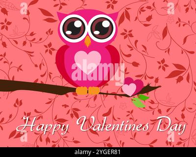 Rosa Eule mit einem Herz auf der Brust. Die Eule sitzt auf einem Ast. Der Hintergrund ist rosa und hat Blumen. In dem Text steht Happy Valentine's Day Stock Vektor