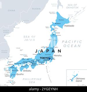 Japan, ein Inselstaat in Ostasien, politische Karte, mit der Hauptstadt Tokio und den Hauptinseln Honshu, Hokkaido, Kyushu, Shikoku und Okinawa. Stockfoto