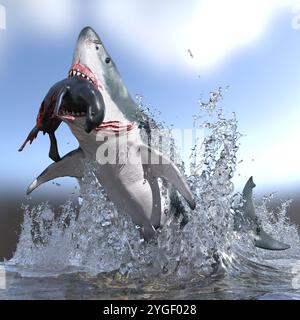 Großer weißer Hai mit Beute im Mund, der aus dem Wasser springt Stockfoto