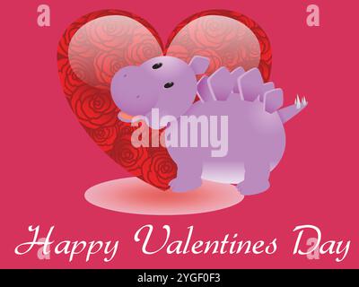 Der süße lila Dinosaurier steht vor einem Herzen mit roten Rosen. Das Bild trägt den Titel „Happy Valentine's Day“. Stock Vektor