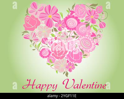 Herz mit Blumen drauf, auf dem steht Happy Valentine. Das Herz ist rosa und grün Stock Vektor