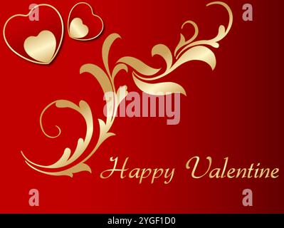 Roter Hintergrund mit Blattgold und zwei Herzen. Die Worte "Happy Valentine" sind in Gold geschrieben Stock Vektor