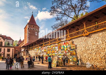 KRAKAU, POLEN - 30. APRIL 2017: Straßengalerie mit Gemälden in der Nähe des Floriantors. Stockfoto