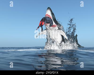 Großer weißer Hai mit Beute im Mund, der aus dem Wasser springt Stockfoto