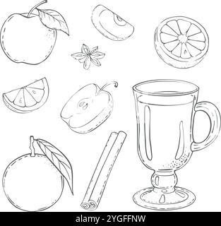 Vektorset Glühwein, ein warmes Weingetränk mit Zimt, Sternanis, Äpfeln und Orange. Hochwertige Abbildung. Zeichnen auf weißem Hintergrund. Für gemütliche Abende, Menüs von Cafés, Showcases. Stock Vektor