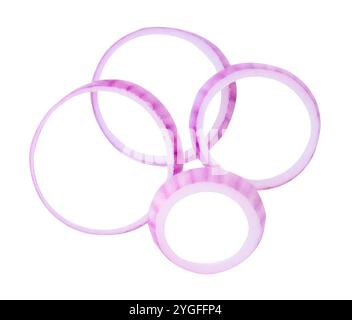 Die Draufsicht der roten Zwiebelscheiben oder Zwiebelringe im Stapel ist auf weißem Hintergrund mit Beschneidungspfad isoliert. Stockfoto