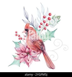 Aquarell Weihnachtsvogel roter Kardinal mit Brunch, roten Beeren und roten Weihnachtsstern Blumenstrauß. Stechpalmengrüne Blätter. Isoliert. Symbol für Weihnachten Stock Vektor